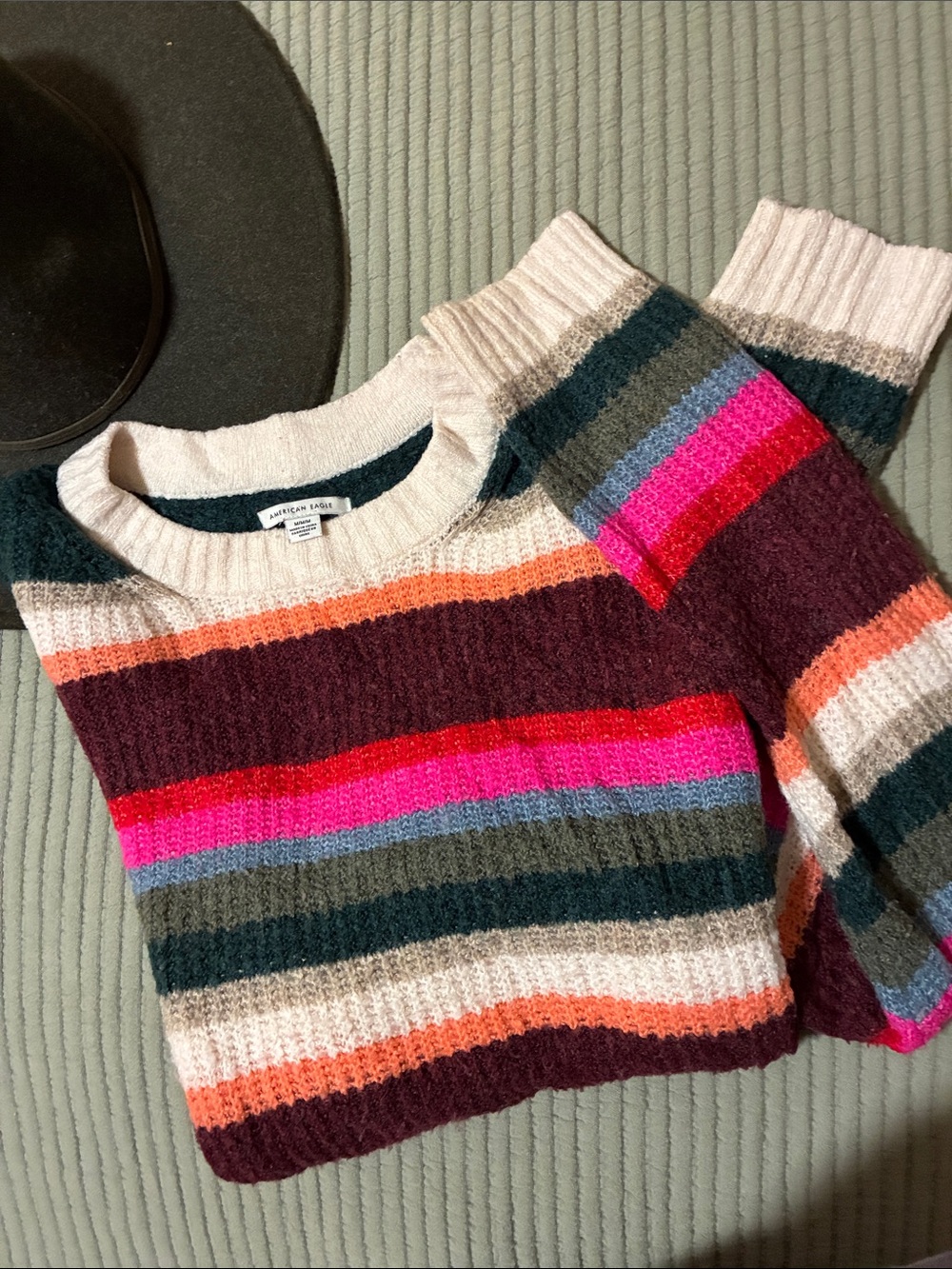 American Eagle Striped Crewneck Cropped Sweater - Burgundy, Pink & Cream